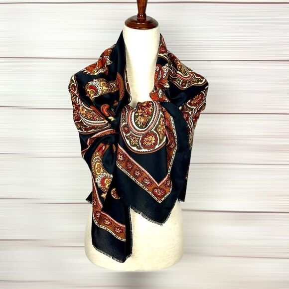 Betmar Italy Large Scarf Shawl Black Orange White Paisley - Picture 5 of 15